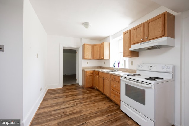 kitchen featuring dark hardwood / wood-style flooring, white electric stove, and sink