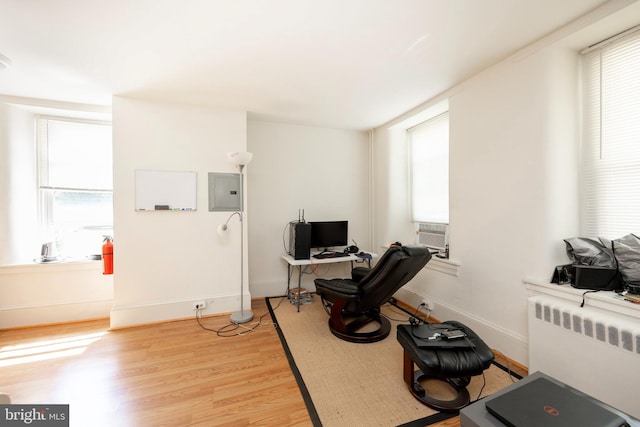 exercise area with light hardwood / wood-style floors, electric panel, and radiator heating unit