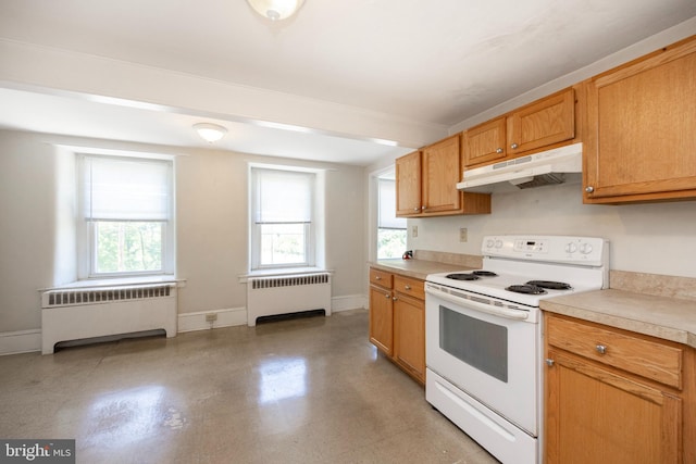 kitchen with white range with electric stovetop and radiator heating unit