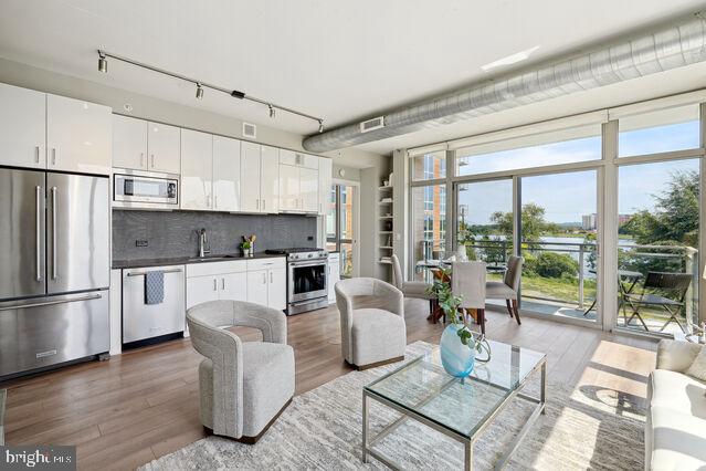 living room featuring rail lighting, sink, and hardwood / wood-style flooring