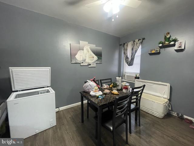 dining area featuring ceiling fan and dark hardwood / wood-style flooring