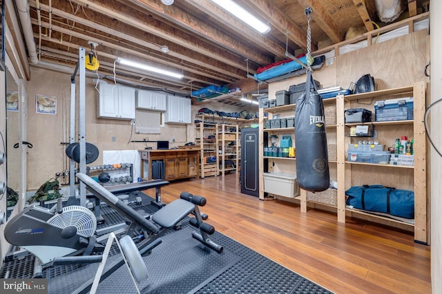 workout room featuring hardwood / wood-style floors and a workshop area