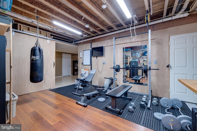 workout room featuring wood-type flooring