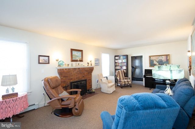 carpeted living room with a fireplace and plenty of natural light