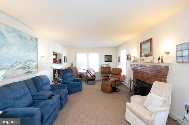 living room featuring carpet and a baseboard heating unit