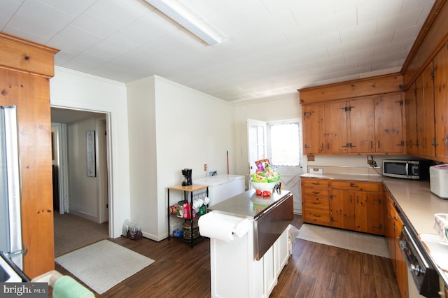 kitchen with dishwashing machine, dark hardwood / wood-style flooring, and ornamental molding