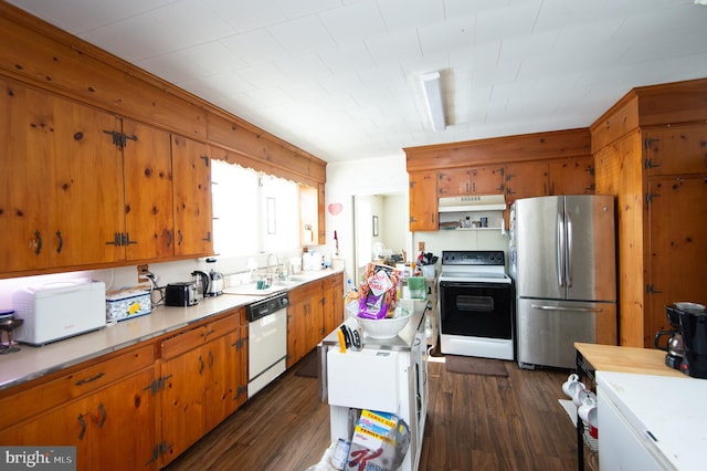 kitchen featuring dark hardwood / wood-style flooring, white appliances, and sink