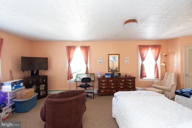 bedroom with light colored carpet