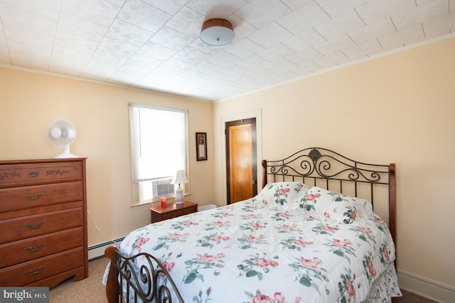 carpeted bedroom with a baseboard radiator, cooling unit, and crown molding