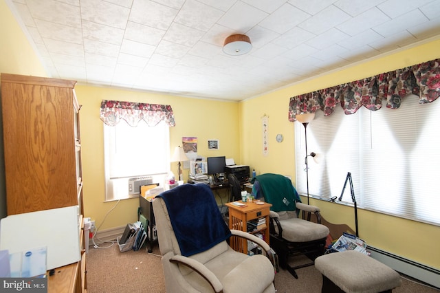 office space featuring carpet, a baseboard radiator, cooling unit, and a healthy amount of sunlight