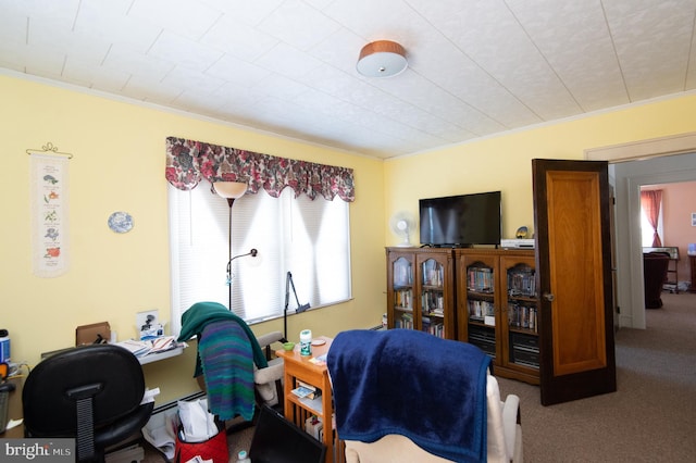 carpeted home office with ornamental molding