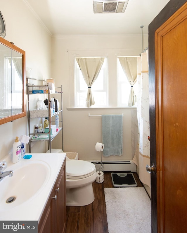 bathroom with hardwood / wood-style floors, vanity, plenty of natural light, and baseboard heating