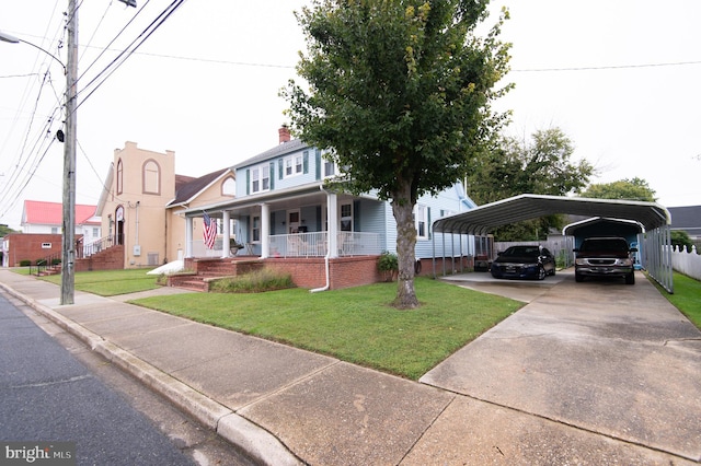 view of front of home with a porch, a carport, and a front lawn