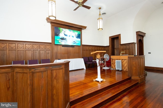 dining room with dark hardwood / wood-style floors and ceiling fan