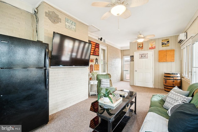 carpeted living room with brick wall and a wall mounted air conditioner