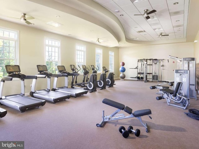 gym with a drop ceiling and ceiling fan