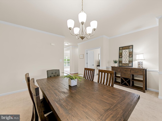 carpeted dining room featuring crown molding and a notable chandelier