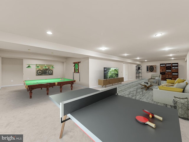 playroom featuring light carpet and pool table