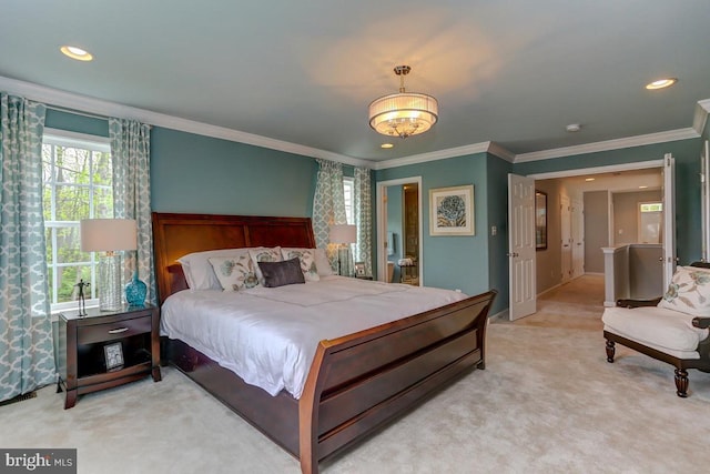 bedroom featuring carpet flooring and ornamental molding