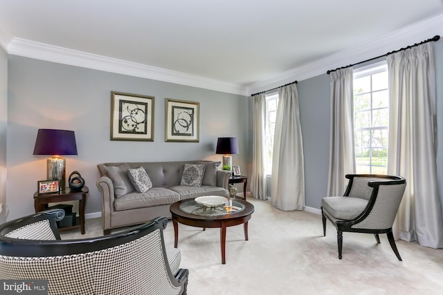 carpeted living room featuring ornamental molding