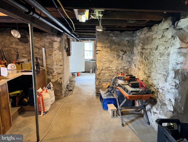 basement with a workshop area