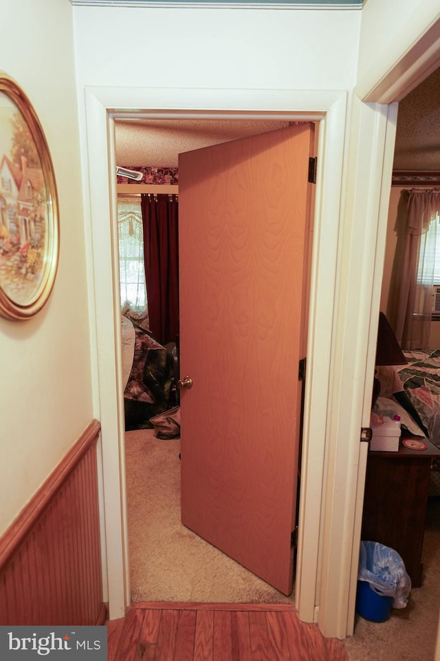 hallway featuring light wood-type flooring and a textured ceiling