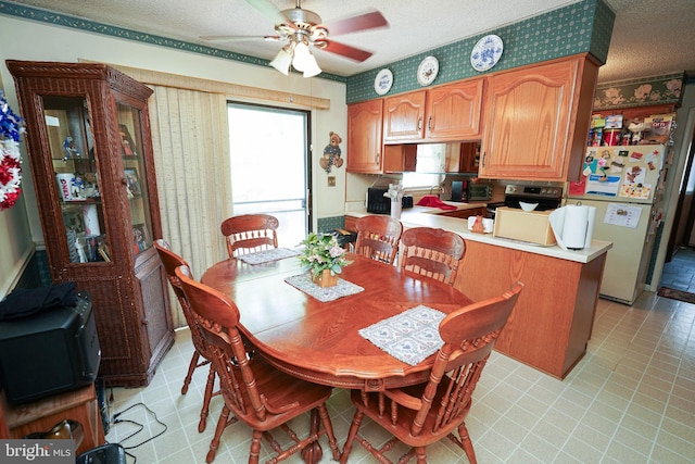 dining room with ceiling fan and a textured ceiling