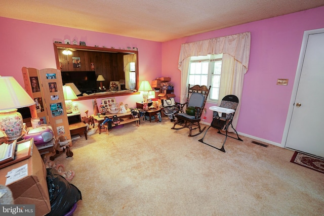 sitting room with light carpet and a textured ceiling