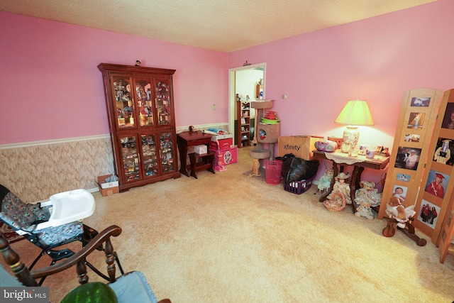 interior space with a textured ceiling and carpet floors