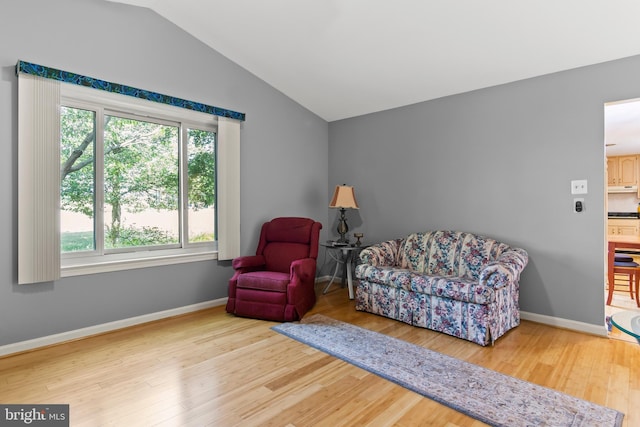 sitting room with hardwood / wood-style flooring, a wealth of natural light, and lofted ceiling