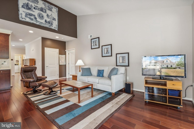 living room with dark wood-type flooring