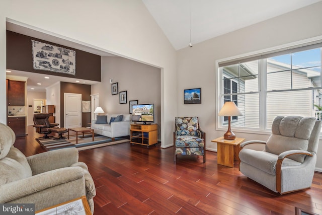 living room featuring dark hardwood / wood-style flooring and high vaulted ceiling