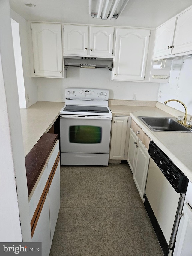 kitchen with extractor fan, white electric stove, dishwasher, sink, and white cabinets