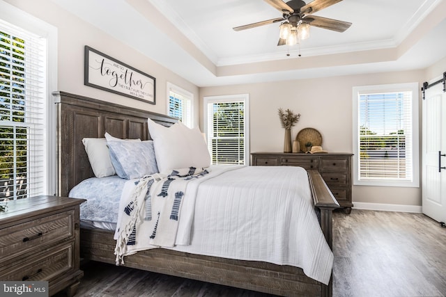 bedroom featuring ceiling fan, dark hardwood / wood-style flooring, crown molding, and a tray ceiling