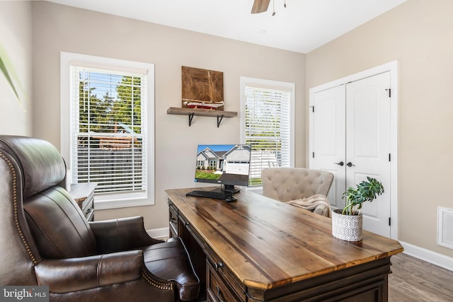 office space with ceiling fan, plenty of natural light, and hardwood / wood-style floors