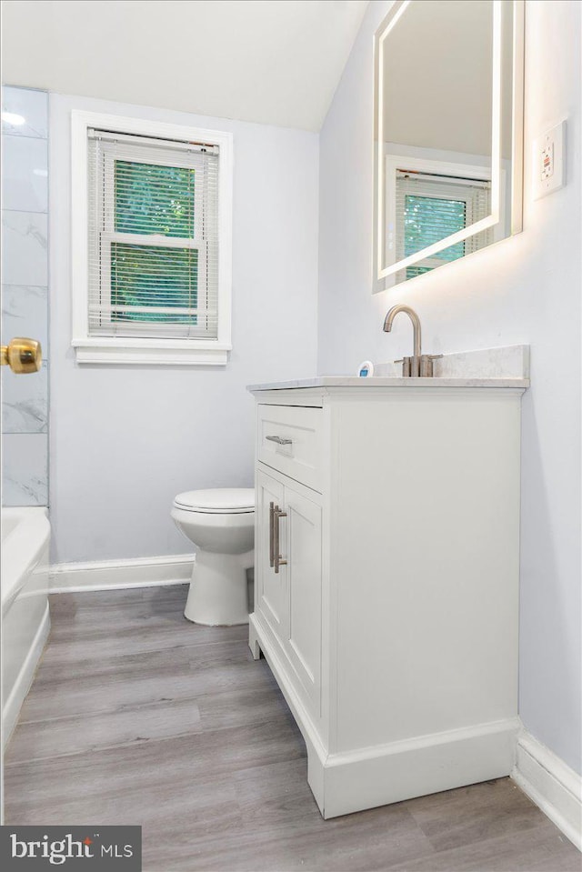 bathroom featuring hardwood / wood-style flooring, vanity, a healthy amount of sunlight, and toilet