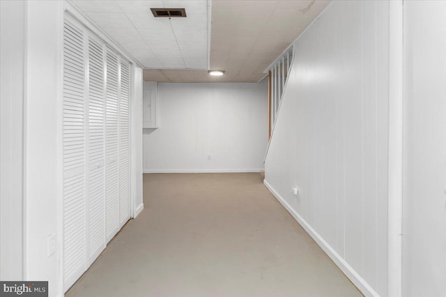 basement with light colored carpet