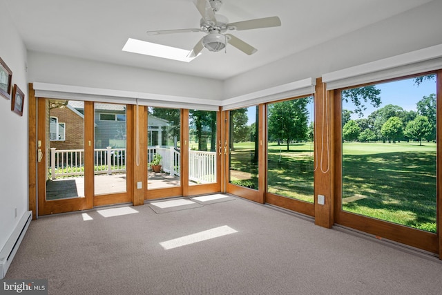 unfurnished sunroom with a skylight, baseboard heating, and ceiling fan