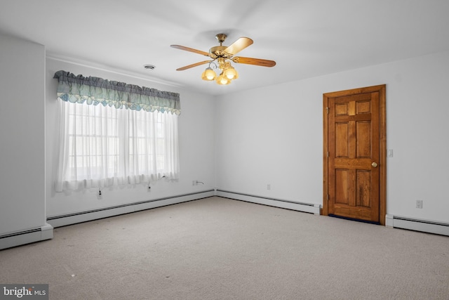 empty room with baseboard heating, ceiling fan, and light colored carpet