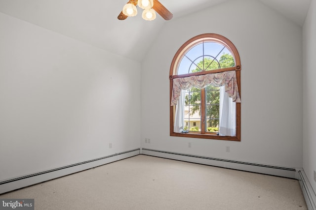 empty room featuring ceiling fan, lofted ceiling, and a baseboard radiator