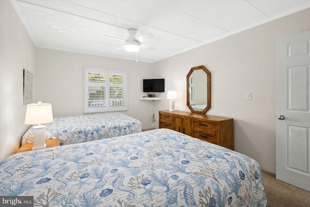 bedroom with carpet floors, ceiling fan, and crown molding