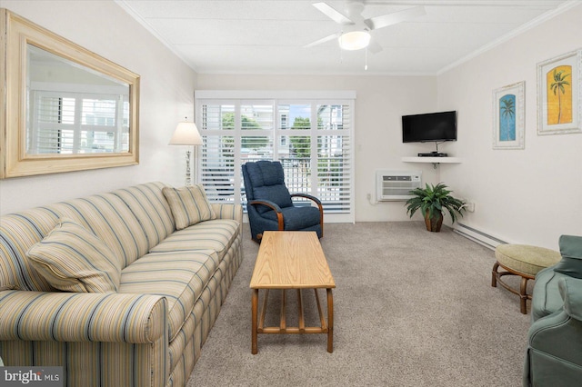 carpeted living room featuring a baseboard radiator, a wealth of natural light, crown molding, and ceiling fan