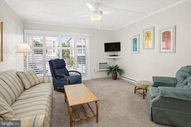 living room with ceiling fan, crown molding, a wall mounted AC, carpet floors, and a baseboard radiator