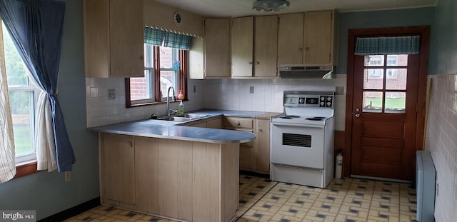 kitchen with white range with electric cooktop, sink, decorative backsplash, kitchen peninsula, and light brown cabinets