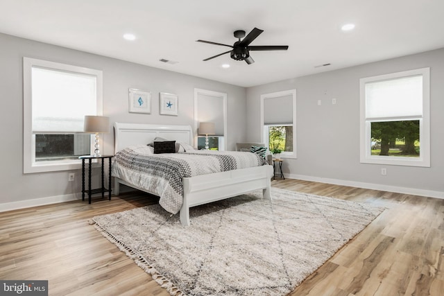 bedroom featuring ceiling fan and light wood-type flooring