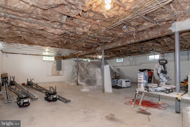 basement featuring electric panel and a healthy amount of sunlight