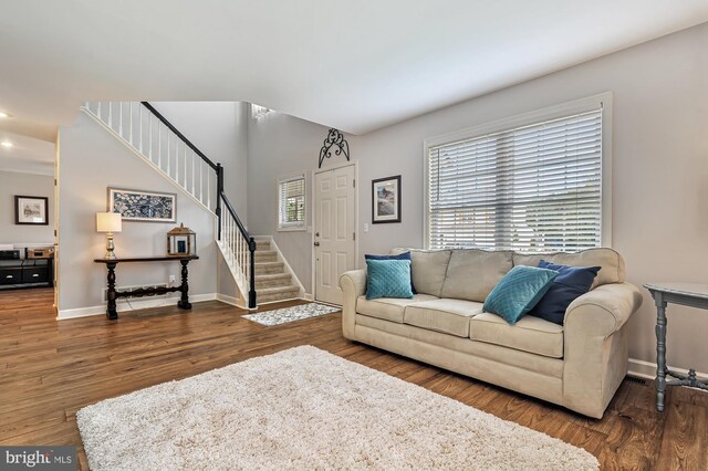 living room with dark wood-type flooring