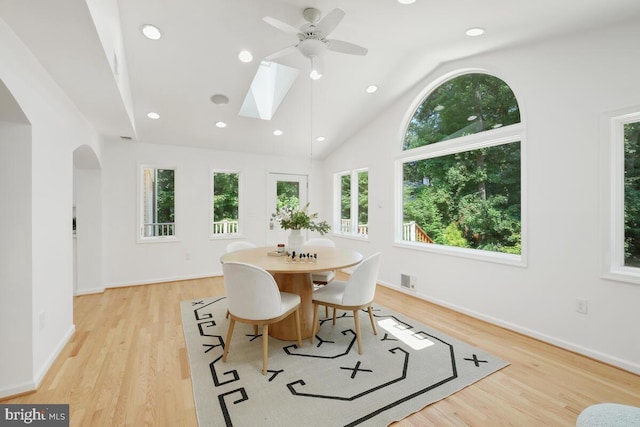 dining room with ceiling fan, lofted ceiling, and light hardwood / wood-style flooring