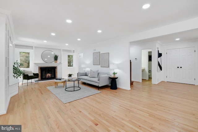 living room featuring a fireplace, ornamental molding, and light hardwood / wood-style flooring