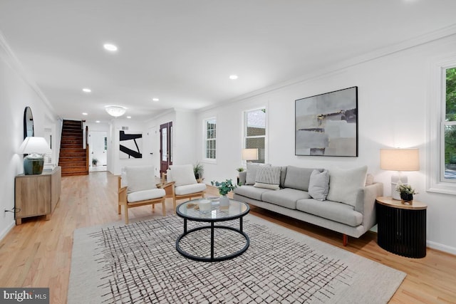 living room with crown molding and light hardwood / wood-style flooring